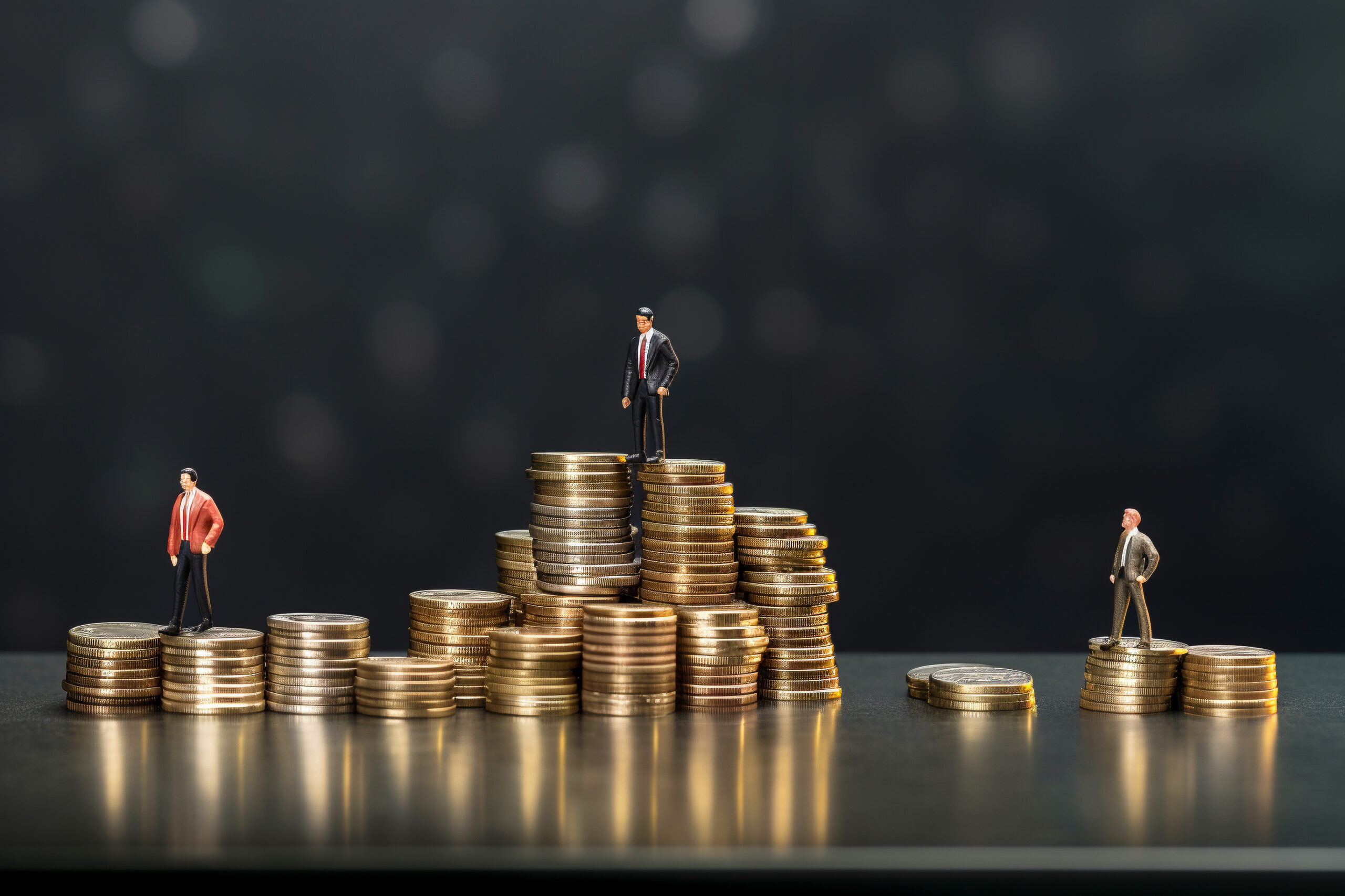 two business men standing in front of stacked coins, in the style of miniature dioramas, metallic textures, thai art, light indigo and dark gray, telephoto lens, photo taken with provia, minimalistic japanese