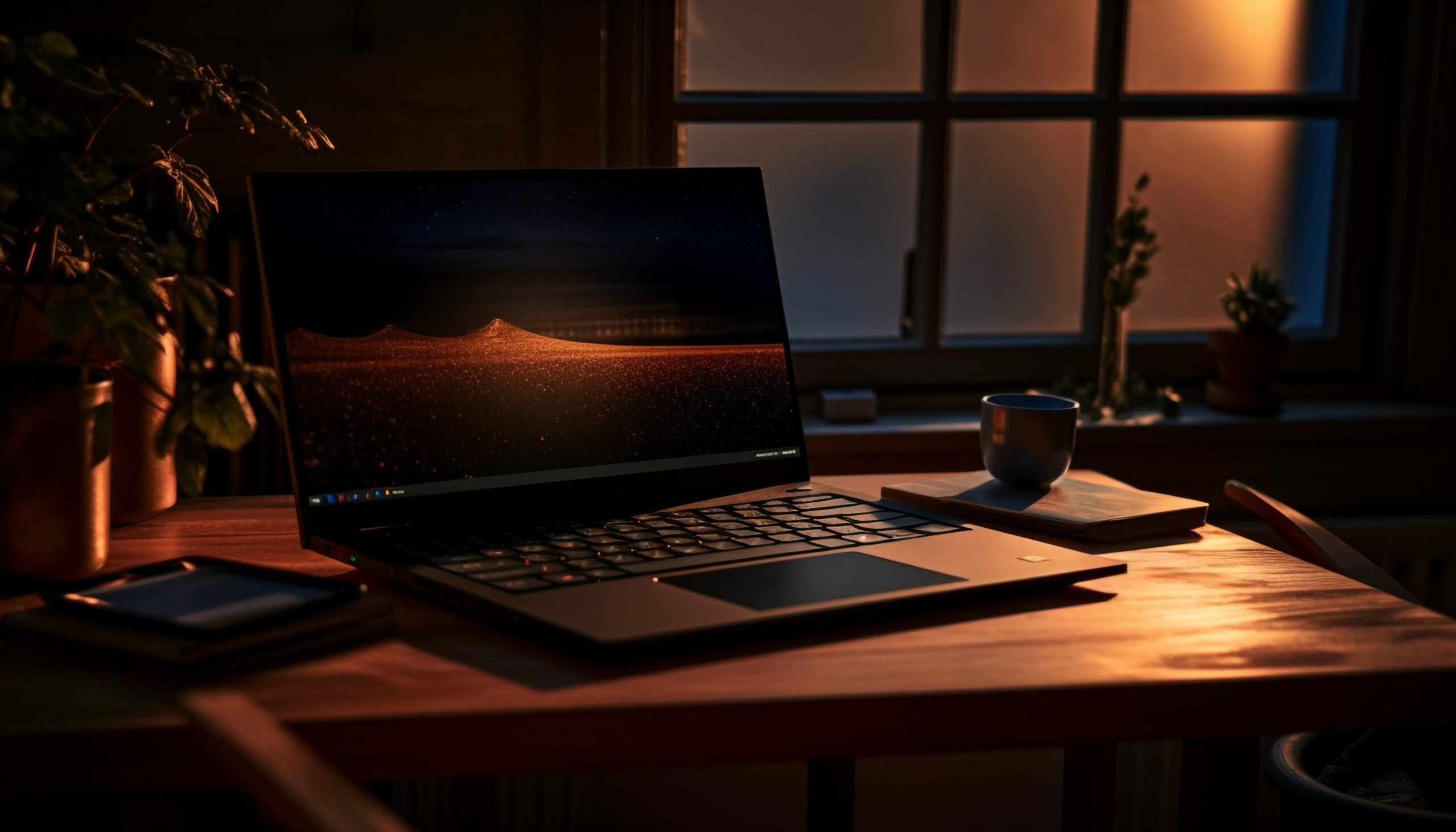 Working businessman at modern desk, illuminated laptop generated by artificial intelligence